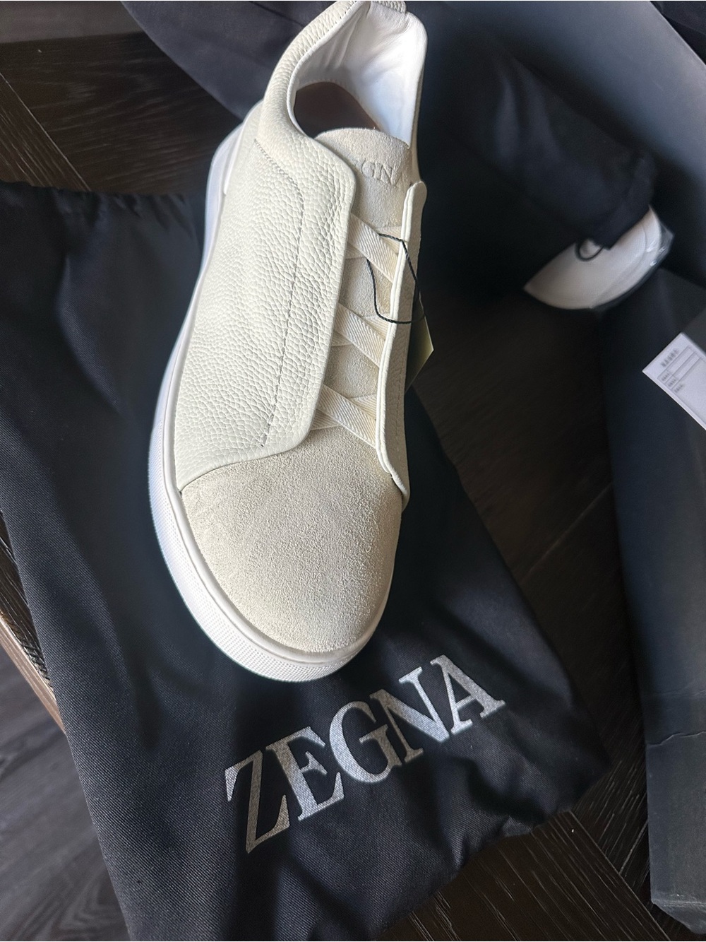 Zegna Men’s Cream Leather & Suede Slip-On Sneaker